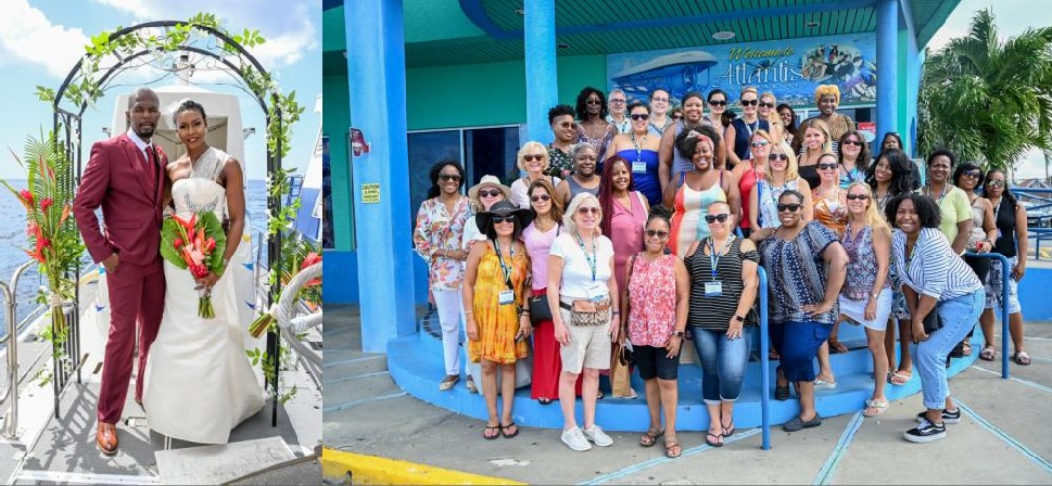 Bride & Groom on the deck of Atlantis XV as travel agents prepare to join them